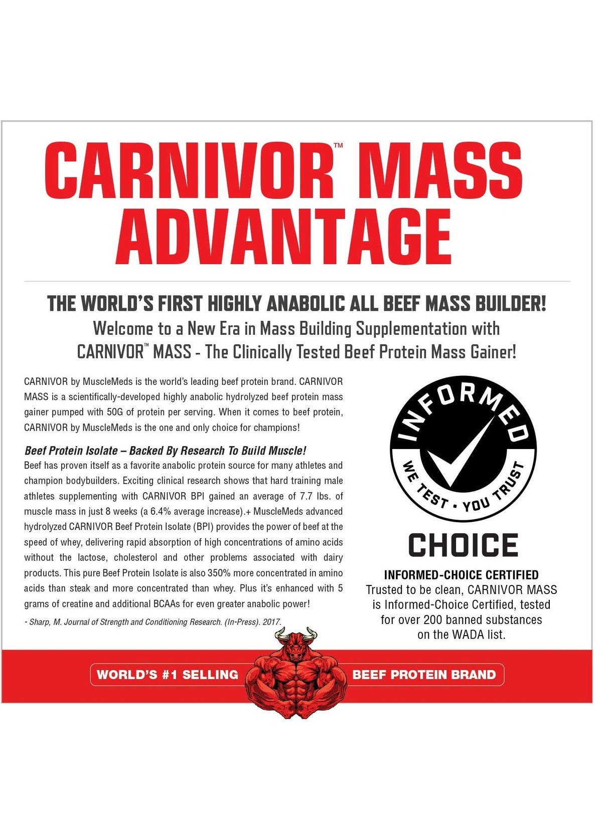 Carnivor Mass Anabolic Beef Protein Gainer Chocolate Fudge Flavor 25 Servings Pkaging May Vary
