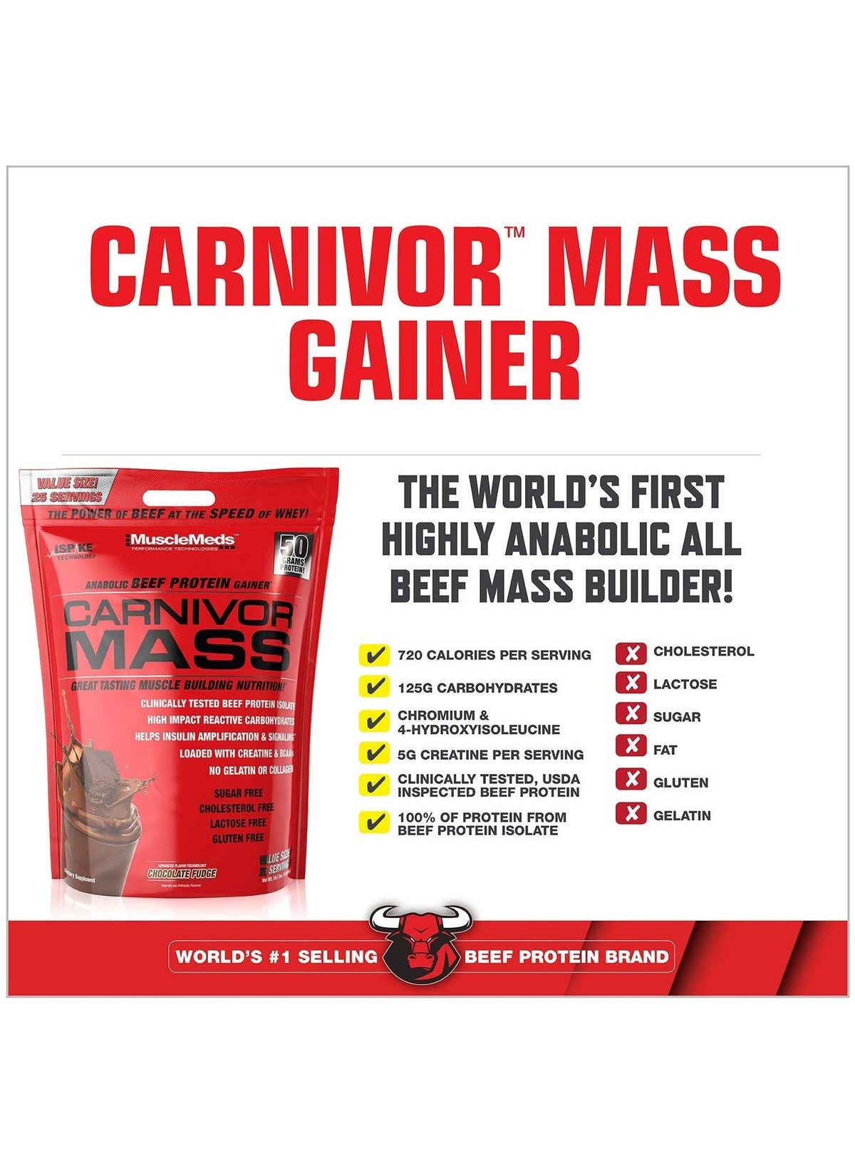 Carnivor Mass Anabolic Beef Protein Gainer Chocolate Fudge Flavor 25 Servings Pkaging May Vary
