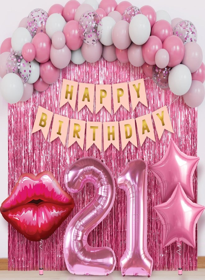 كاتشون مجموعة زينة عيد الميلاد الحادي والعشرين من كاتشون، باللون الوردي، مع بالونات على شكل شفاه ونجوم - عبوة من 42 قطعة | لافتة عيد ميلاد سعيد وزينة على شكل شفاه | زينة عيد ميلاد سعيد الحادي والعشرين للنساء والفتيات | زينة حفلات باللون الوردي - Image 1