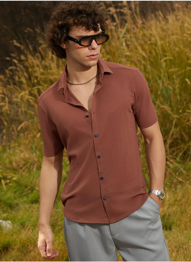 كامبوس سوترا Men's Sienna Brown Warp-Tactile Shirt