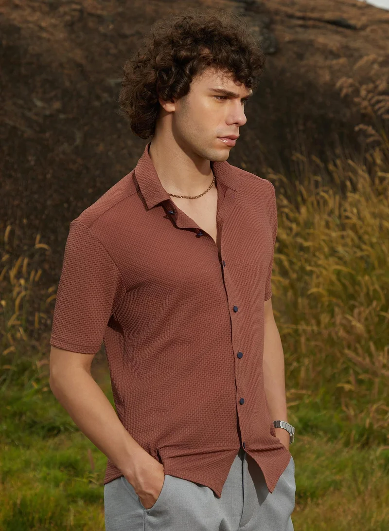 كامبوس سوترا Men's Sienna Brown Warp-Tactile Shirt