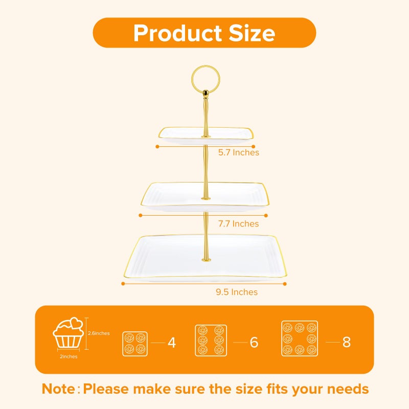 Hoedia 3 Tier Cupcake Stand Tower, Plastic White Cup Cake Holder for Dessert stands, Tiered Serving Tray for Tea Party, Birthday Party, Wedding Decor and Baby Shower(Square) - Image 2