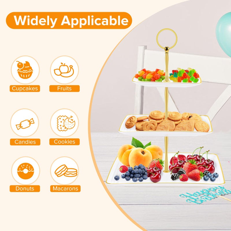 Hoedia 3 Tier Cupcake Stand Tower, Plastic White Cup Cake Holder for Dessert stands, Tiered Serving Tray for Tea Party, Birthday Party, Wedding Decor and Baby Shower(Square) - Image 4