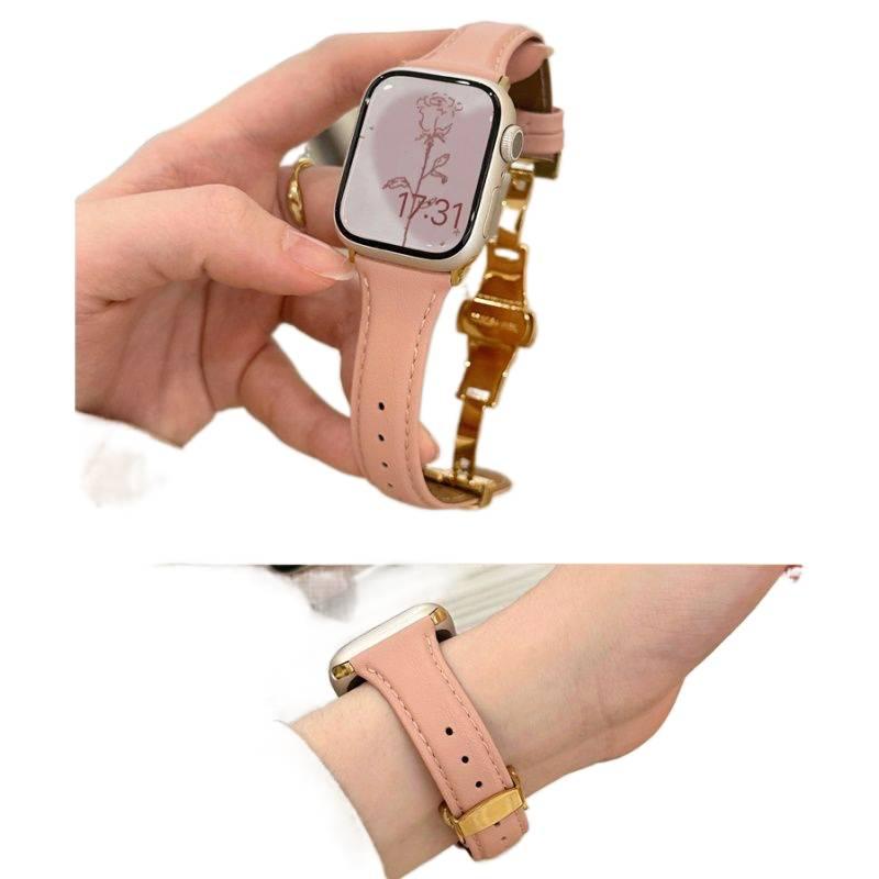 AD Pink Classic Leather Strap Smartwatch Band Compatible with Apple Watch Ultra with Adjustable Fit Replacement Strap for Daily Wear - Image 1
