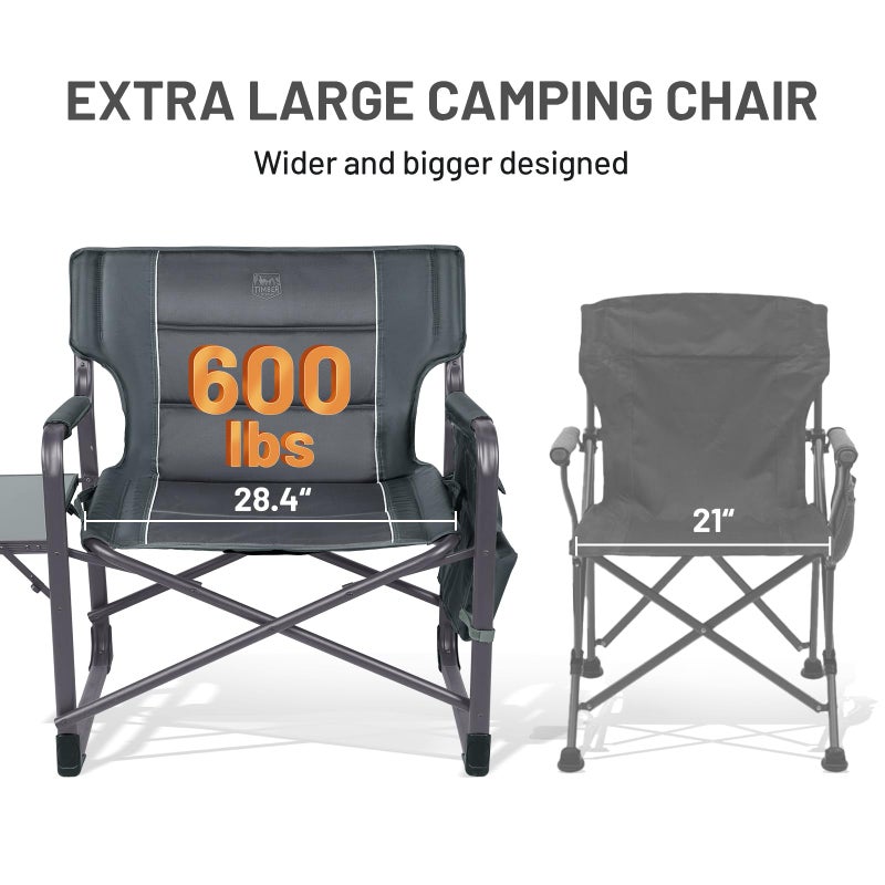 Timber Ridge XXL Upgraded Oversized Directors Chairs with Foldable Side Table, Detachable Side Pocket, Heavy Duty Folding Camping Chair up to 600 Lbs Weight Capacity (Gray) Ideal Gift - Image 4