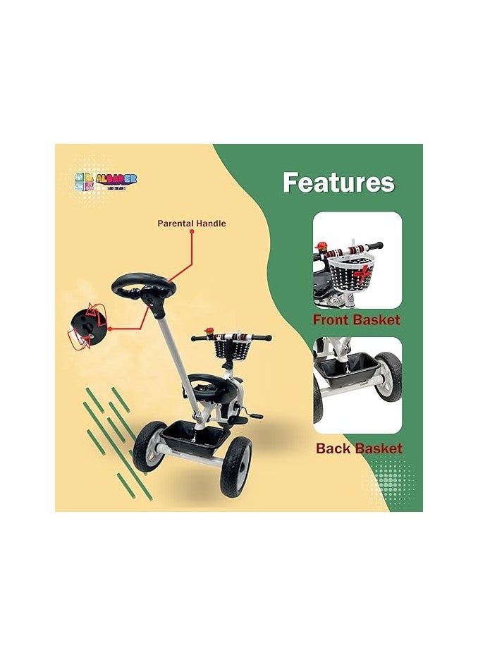 2 in 1 Tricycle for Kids with Parental Push Handle, Small Bell, Kids Tricycles with Foldable Dismounting Pedal, Removable Push Handle, Belt, Kids Cycle Trikes for Ages 1.5-6 Years