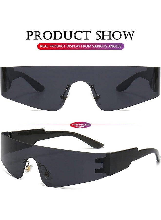 AIEYEZO Modern Fashion Rimless Futuristic Wrap Around Sunglasses Women Men Cyberpunk Visor Sun Glasses Trendy Future Shades (Blackgrey + Blackgrey) - Image 5