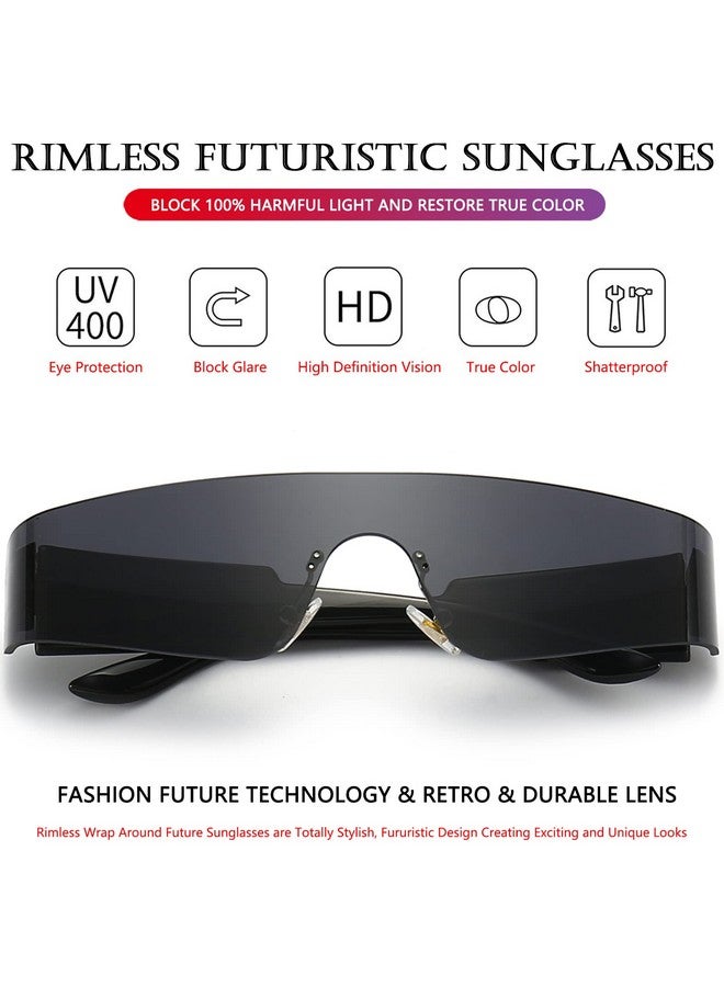 AIEYEZO Modern Fashion Rimless Futuristic Wrap Around Sunglasses Women Men Cyberpunk Visor Sun Glasses Trendy Future Shades (Blackgrey + Blackgrey) - Image 4