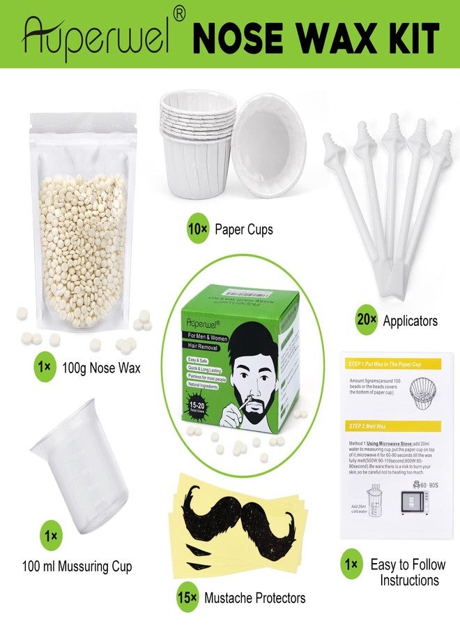 Auperwel Nose Wax Kit, 100g, for Painless Hair Removal, Includes 20 Applicators, 15 Mustache Guards, and 10 Paper Cups, Long-Lasting Results, Dermatologist Tested, Hypoallergenic, Sensitive Skin - Image 3