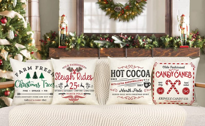 4TH Emotion Farmhouse Christmas Pillow Covers 16x16 Set of 4 Winter Holiday Decorations Xmas Rustic Throw Cushion Case for Sofa Couch Home Decor (Sleigh Rides  Farm Fresh Tree  Cocoa  Candy Canes) - Image 2
