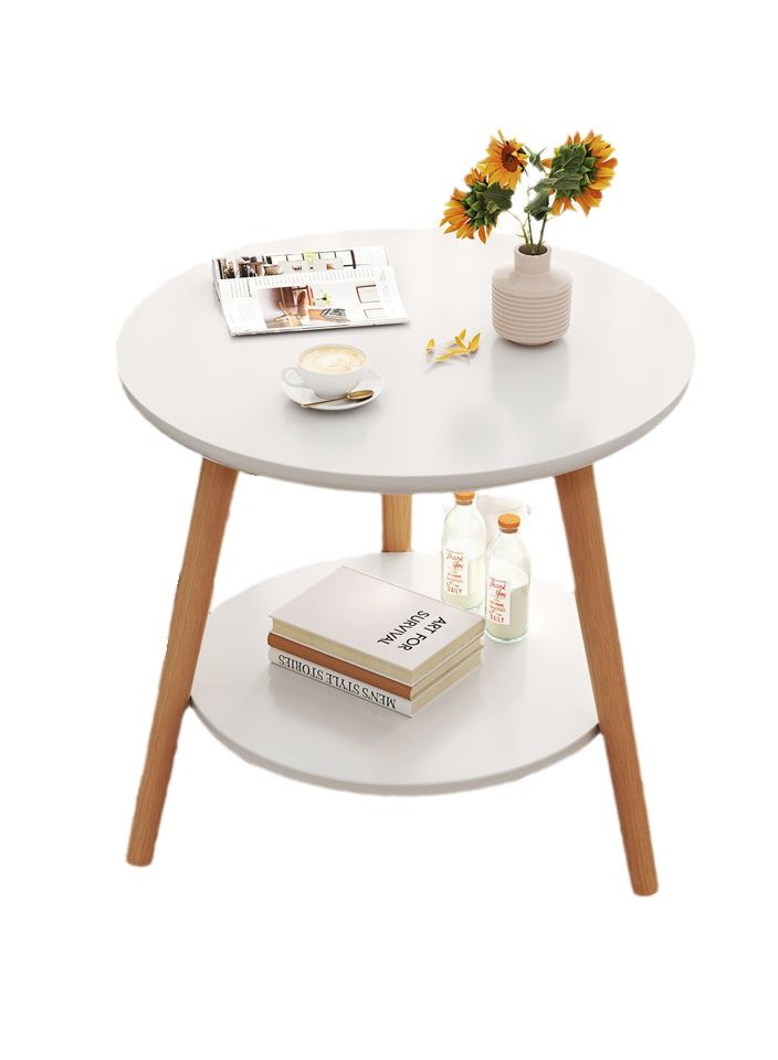 Beauenty طاولة قهوة لغرفة المعيشة ذات طبقة مزدوجة خشبية مستديرة ذات طراز بسيط من Beauenty وخزانة بجانب السرير وطاولة مستديرة صغيرة. - Image 1