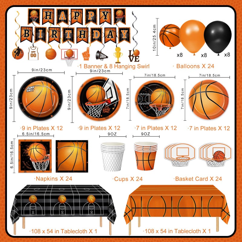 QIYANPAX 155 PCS Basketball Party Decorations - Basketball Party Supplies - Plates, Napkins, Cups, Basket Card, Banner, Hanging Swirls, Balloons, Tablecloth for Basketball Birthday Party Decorations, Serve 24 - Image 2
