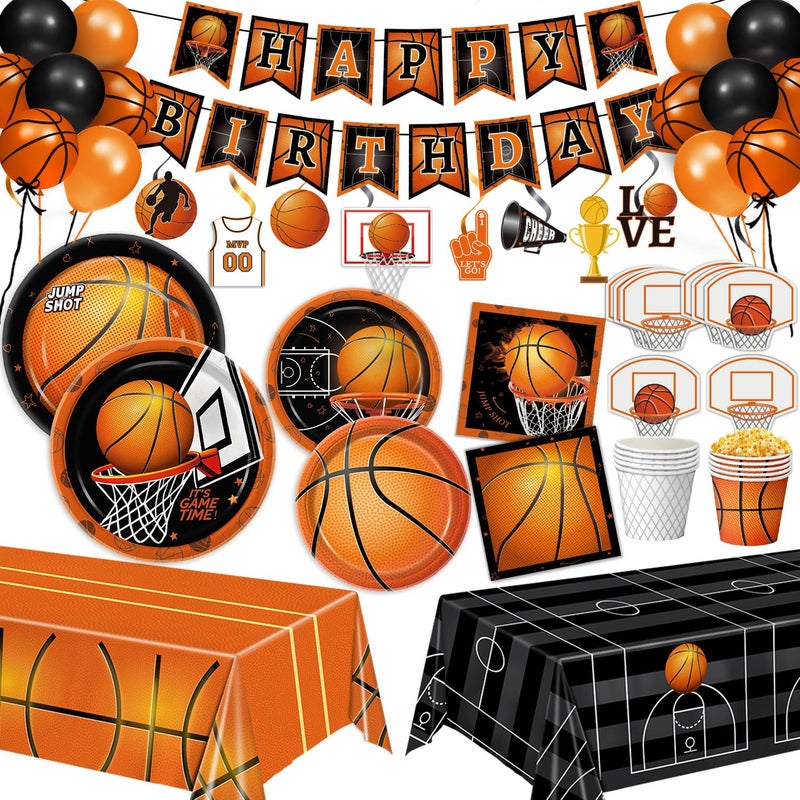 QIYANPAX 155 PCS Basketball Party Decorations - Basketball Party Supplies - Plates, Napkins, Cups, Basket Card, Banner, Hanging Swirls, Balloons, Tablecloth for Basketball Birthday Party Decorations, Serve 24 - Image 1