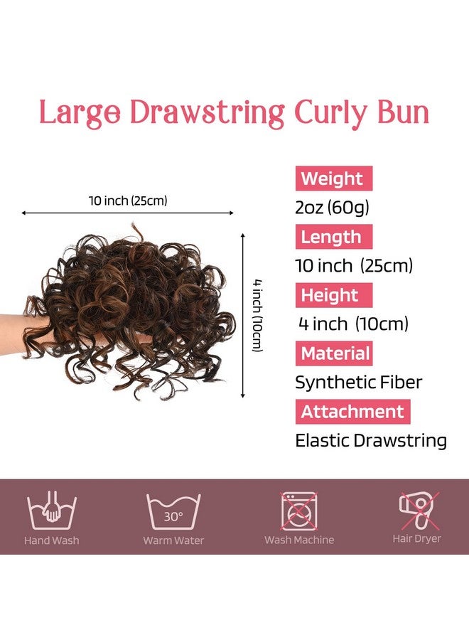 HOOJIH Curly Hair Bun, Messy Bun Hair Piece Elastic Drawstring Loose Wave Messy Bun Large Full Hair Bun Extension Hairpiece Short Synthetic Ponytail Extension For Women - Dark Brown With Light Auburn - Image 2