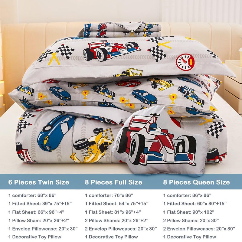 Mooreeke Twin Size Comforter Sets for Boys Kids, 6 Pieces Bed in a Bag Racing Car Bedding Comforter Sheet Set with Shams and Decorative Toy Pillow, Ultral Soft Microfiber Kids Bed Set - Image 2