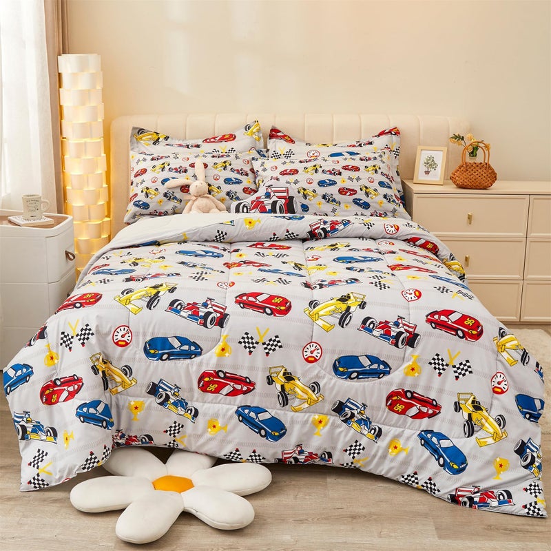 Mooreeke Twin Size Comforter Sets for Boys Kids, 6 Pieces Bed in a Bag Racing Car Bedding Comforter Sheet Set with Shams and Decorative Toy Pillow, Ultral Soft Microfiber Kids Bed Set - Image 1
