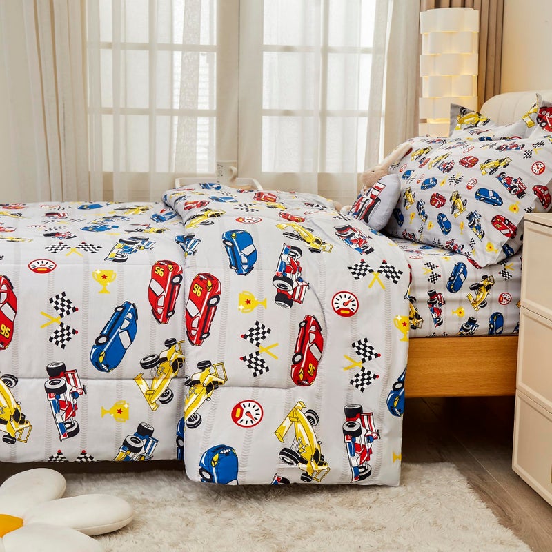 Mooreeke Twin Size Comforter Sets for Boys Kids, 6 Pieces Bed in a Bag Racing Car Bedding Comforter Sheet Set with Shams and Decorative Toy Pillow, Ultral Soft Microfiber Kids Bed Set - Image 4