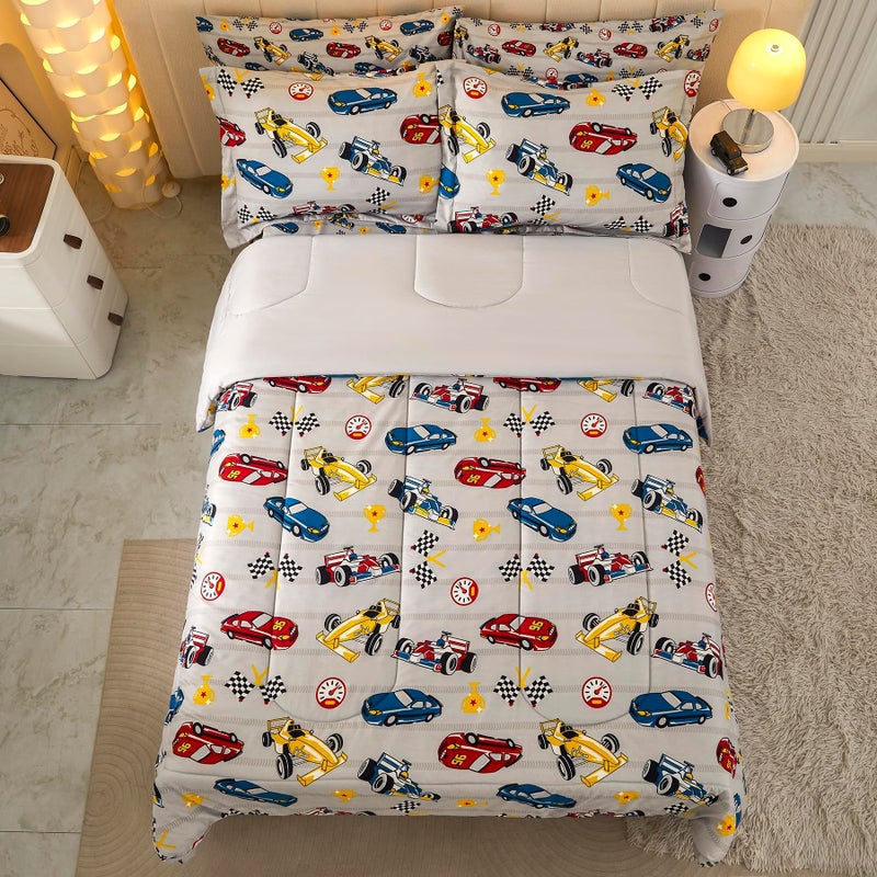 Mooreeke Twin Size Comforter Sets for Boys Kids, 6 Pieces Bed in a Bag Racing Car Bedding Comforter Sheet Set with Shams and Decorative Toy Pillow, Ultral Soft Microfiber Kids Bed Set - Image 3
