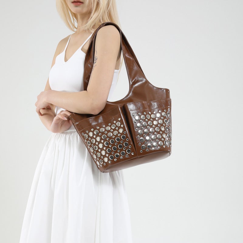 Personalized Polka Dot Rivet Tote Bag For Women 2025 Spring And Versatile Gothic Style Single Shoulder Armpit Bag Trendy - Image 4
