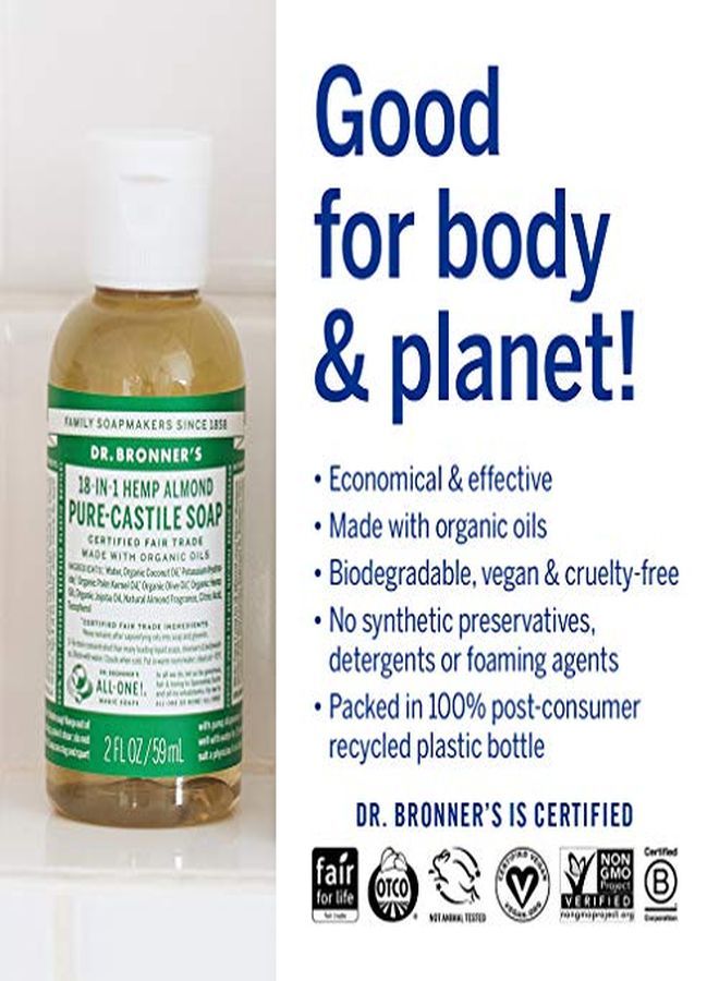 Dr. Bronner'S  Purecastile Liquid Soap (Almond Travel Size 2 Ounce)  Made With Organic Oils 18In1 Uses: Face Body Hair Laundry Pets And Dishes Concentrated Vegan Nongmo - Image 4