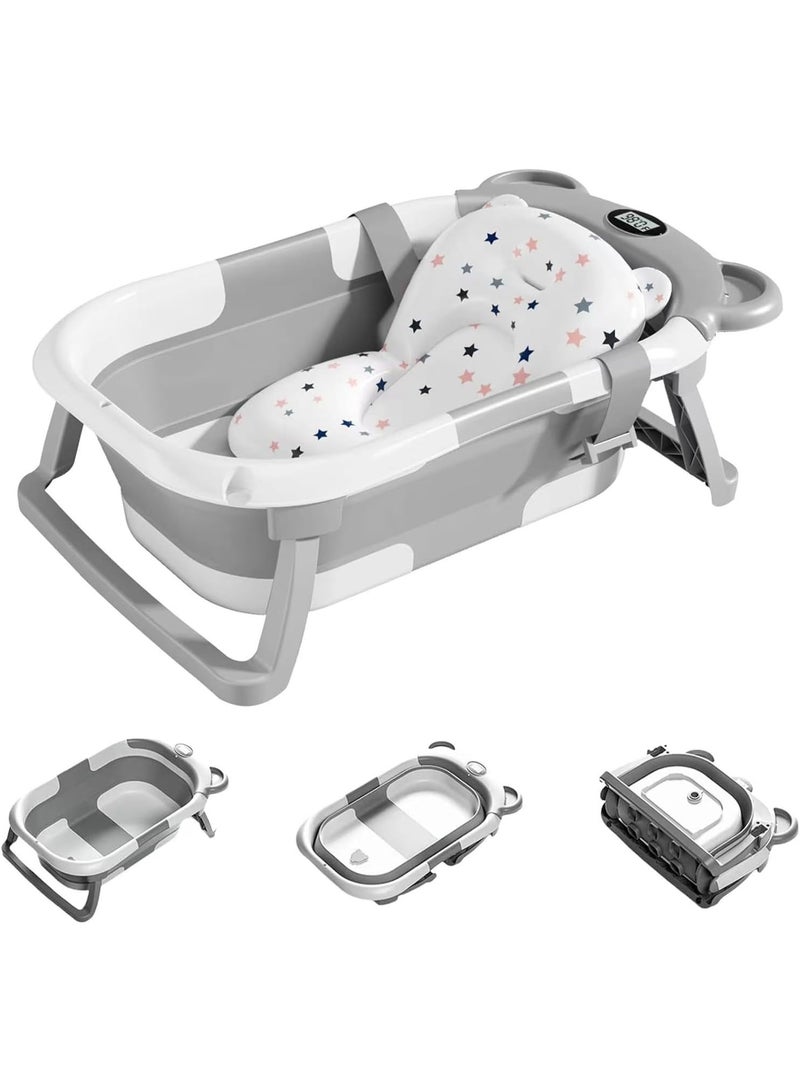 آه آه حوض استحمام قابل للطي للأطفال، مجموعة حوض استحمام قابل للطي للأطفال من حديثي الولادة إلى الأطفال الصغار، حوض استحمام محمول للسفر مزود بفتحة تصريف، أحواض استحمام متينة للأطفال من حديثي الولادة إلى الأطفال الصغار مزودة بفرشة مانعة للانزلاق (رمادي) - Image 1