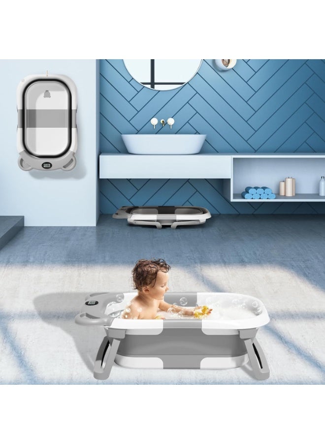 آه آه حوض استحمام قابل للطي للأطفال، مجموعة حوض استحمام قابل للطي للأطفال من حديثي الولادة إلى الأطفال الصغار، حوض استحمام محمول للسفر مزود بفتحة تصريف، أحواض استحمام متينة للأطفال من حديثي الولادة إلى الأطفال الصغار مزودة بفرشة مانعة للانزلاق (رمادي) - Image 4