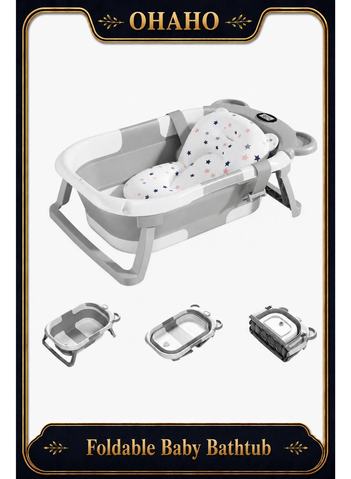 OHAHO Foldable Baby Bathtub, Collapsible Baby Bath Tub Set for Newborn to Toddler, Portable Travel Bathtub with Drain Hole, Durable Baby Tubs for Infants to Toddler with Non-Slip Mat (grey)