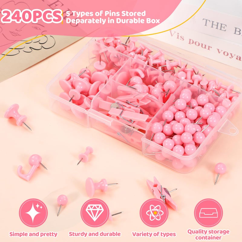 GOOLADA 240Pcs Pink Thumb Tacks,5 Style Cute Push Pins, Decorative Push Pins for Bulletin Boards, Cork Board, Pink Office Supplies, Office Decor - Image 3