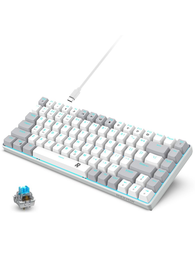 ROCK POW 84 Keys Wired Mechanical Gaming Keyboard Ice Blue Backlit Ultra-Compact Waterproof Mini Compact Keyboard for PC/Mac Gamer Typist Easy Carry on Trip Blue Switch - Image 1