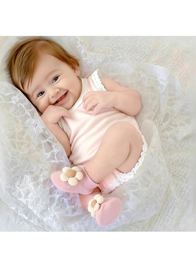 4Packs Baby Girls Socks,Non-Slip Socks for Babies Toddler,Cute Flower Grippy Design Toddler Ankle Socks Gift for Newborn Babies Infants - Image 4