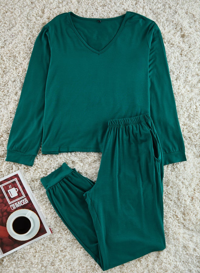 trendyol Emerald Green V-Neck Pocket Detailed Knitted Pajama Set THMAW21PT0062  - Image 1