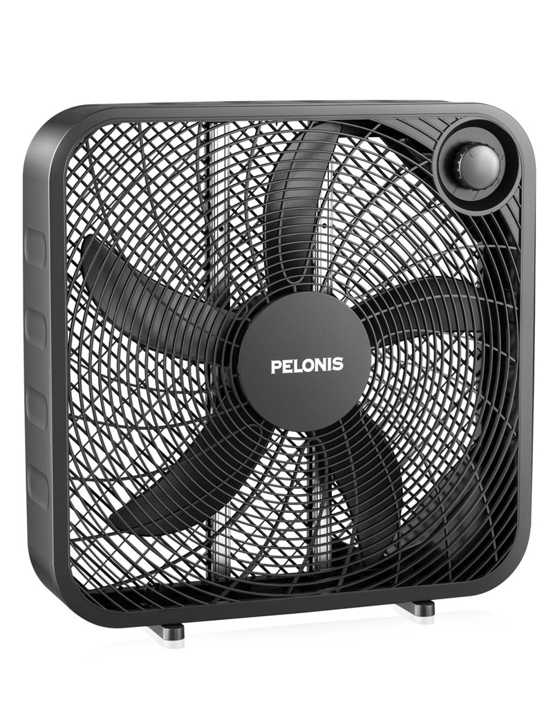PELONIS مروحة صندوقية بيلونيس 20 بوصة 3 سرعات 25 قدم مروحة أرضية تدفق هواء ممتاز 2295 قدم مكعب في الدقيقة خفيفة الوزن 5 شفرات محمولة متينة لغرفة النوم المكتب غرفة المعيشة المرآب