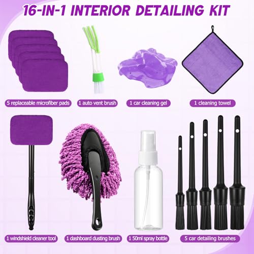 Wovnet 16 Pcs Windshield Cleaner Tool, Car Cleaning Kit with Various Detailing Brushes Set Spray Bottle Cleaner Towel Cleaning Gel Accessories Car Interior Detailing Kit for Windows Vents(Purple) - Image 2