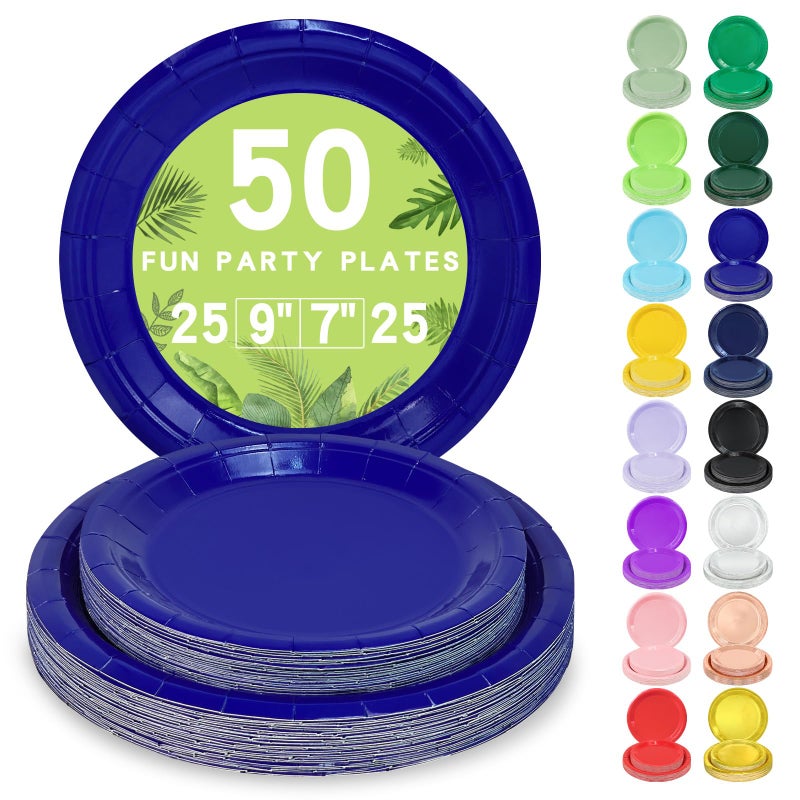 LANLISA 50 Royal Blue Paper Plates Disposable Set Includes 25-9" & 25-7" Disposable Birthday Cake Dessert Paper Plates For Party Supplies - Image 1