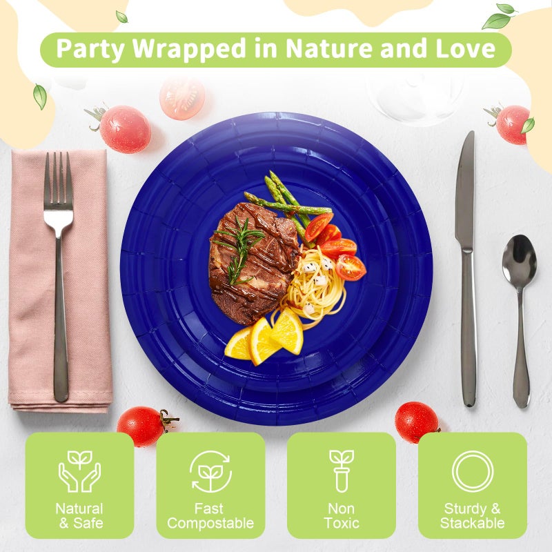 LANLISA 50 Royal Blue Paper Plates Disposable Set Includes 25-9" & 25-7" Disposable Birthday Cake Dessert Paper Plates For Party Supplies - Image 3
