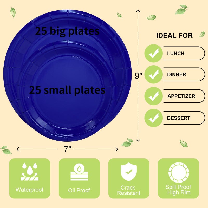 LANLISA 50 Royal Blue Paper Plates Disposable Set Includes 25-9" & 25-7" Disposable Birthday Cake Dessert Paper Plates For Party Supplies - Image 5