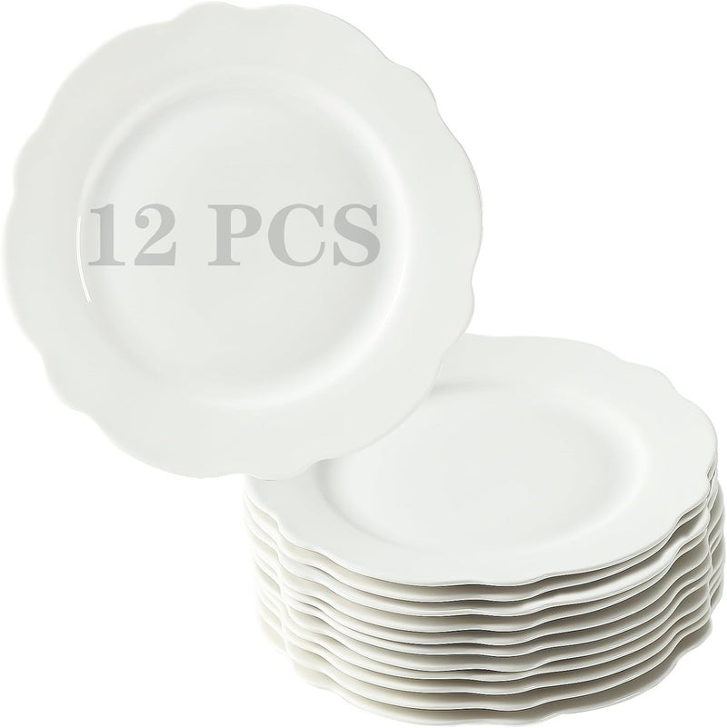 TAMAYKIM TAMAYKIM 75 Inch Porcelain Dessert Plates Set of 12 Lotus Shape Salad Plates Wavy Rim Appetizer Dinnerware Set Restaurant Dishes Microwave Oven  Dishwasher Safe White  - Image 1