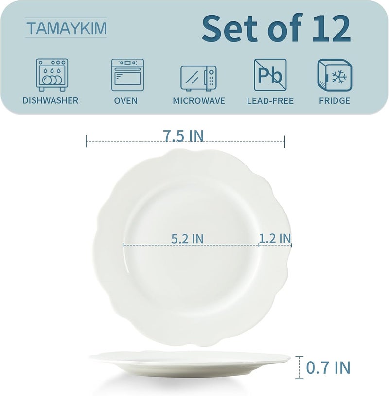 TAMAYKIM TAMAYKIM 75 Inch Porcelain Dessert Plates Set of 12 Lotus Shape Salad Plates Wavy Rim Appetizer Dinnerware Set Restaurant Dishes Microwave Oven  Dishwasher Safe White  - Image 2