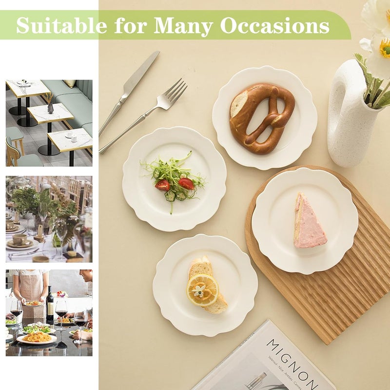 TAMAYKIM TAMAYKIM 75 Inch Porcelain Dessert Plates Set of 12 Lotus Shape Salad Plates Wavy Rim Appetizer Dinnerware Set Restaurant Dishes Microwave Oven  Dishwasher Safe White  - Image 5