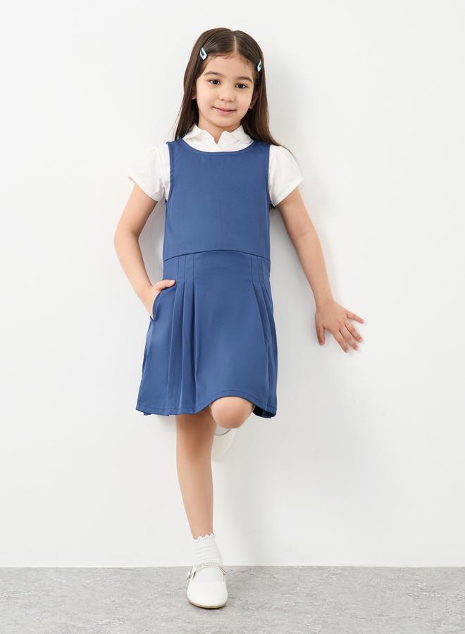 Styli Girls School Uniform Navy Blue Pinafore Dress with Side Pocket - Image 1