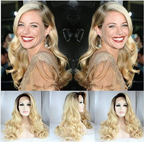 Melody Blonde Wig With Dark Roots Long Wavy Gold Synthetic Lace Front Wigs For Women 180% Density Side Part with Upsweep to Make Face Smaller Heat Resistant Fiber Hair 24 inch