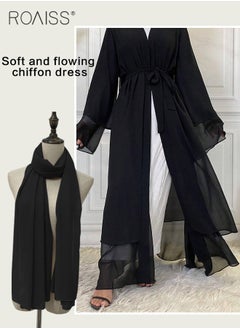 roaiss Solid Color Double Layered Chiffon Muslim Abaya Dress for Women's Daily Commuting Banquet Formal Occasion Cardigan Robe Paired With Same Color Buckle Belt (excluding matching dress and headscarf)  - Image 4