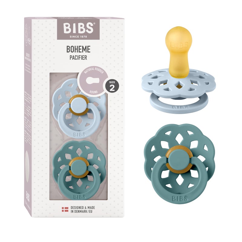 bibado BIBS Boheme Soother 2-Pack. BPA Free Dummy Pacifier, Round Nipple. Natural Rubber Latex, Made in Denmark. Str. 2, Baby Blue/Island Sea - Image 1