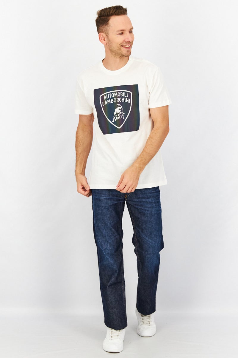 Men Crew Neck Short Sleeve Brand Logo T-Shirt, White