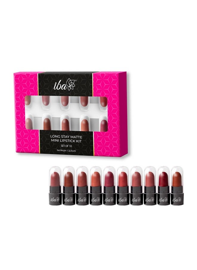 Iba Long Stay Creamy Matte Micro Mini Lipstick Kit | Bullet Matte Lipstick Set | Highly Pigmented And Long Lasting | Hydrating & Moisturizing Mini Lipsticks Set For Women | Mini Lipstick Combo Pack | (Set Of 10) 12 G (1.2 G Each)  - Image 1