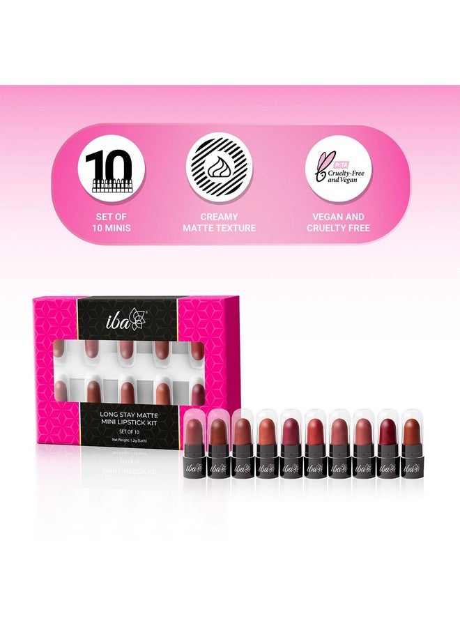 Iba Long Stay Creamy Matte Micro Mini Lipstick Kit | Bullet Matte Lipstick Set | Highly Pigmented And Long Lasting | Hydrating & Moisturizing Mini Lipsticks Set For Women | Mini Lipstick Combo Pack | (Set Of 10) 12 G (1.2 G Each)  - Image 2