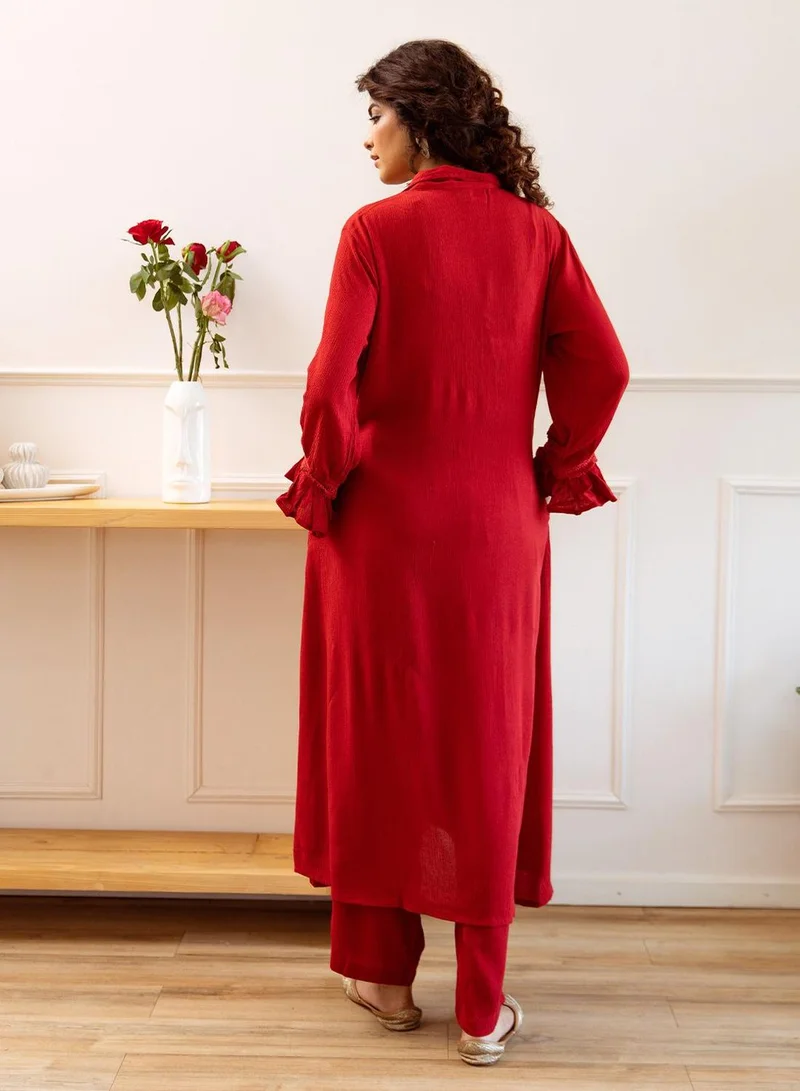 ISHIN Women's Red Rayon Embellished Button Down Full Length Palazzo Straight Fit Kurta Set