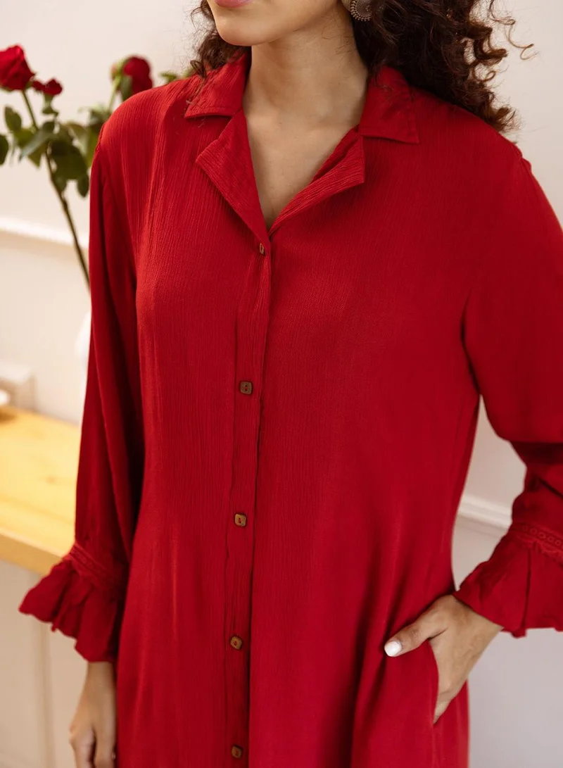 ISHIN Women's Red Rayon Embellished Button Down Full Length Palazzo Straight Fit Kurta Set