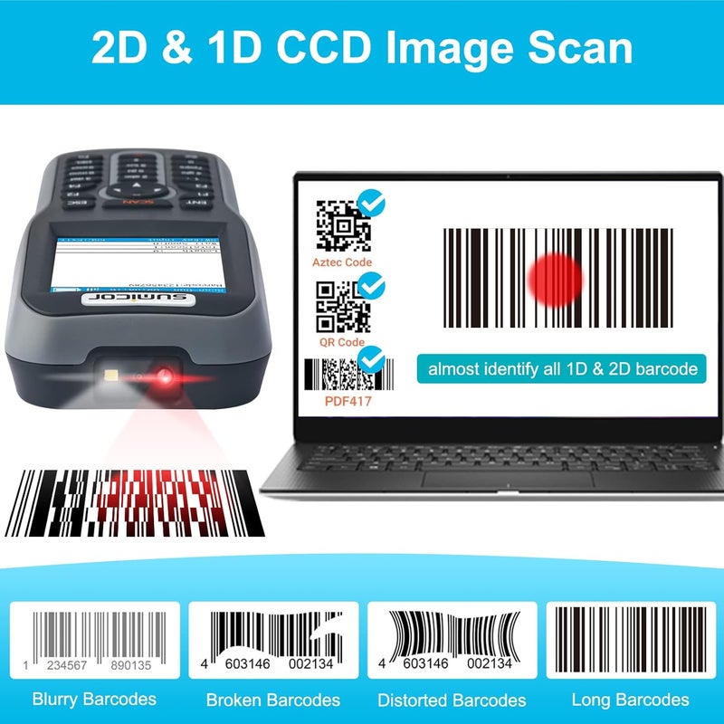 ماسح الباركود 1D & 2D قارئ رمز QR PDF417، لاسلكي 2.4 جيجاهرتز محمول قابل لإعادة الشحن ماسح الباركود للمخزون مع شاشة HD 2.8 بوصة ولوحة مفاتيح للجرد (رمز QR 2D) - Image 3