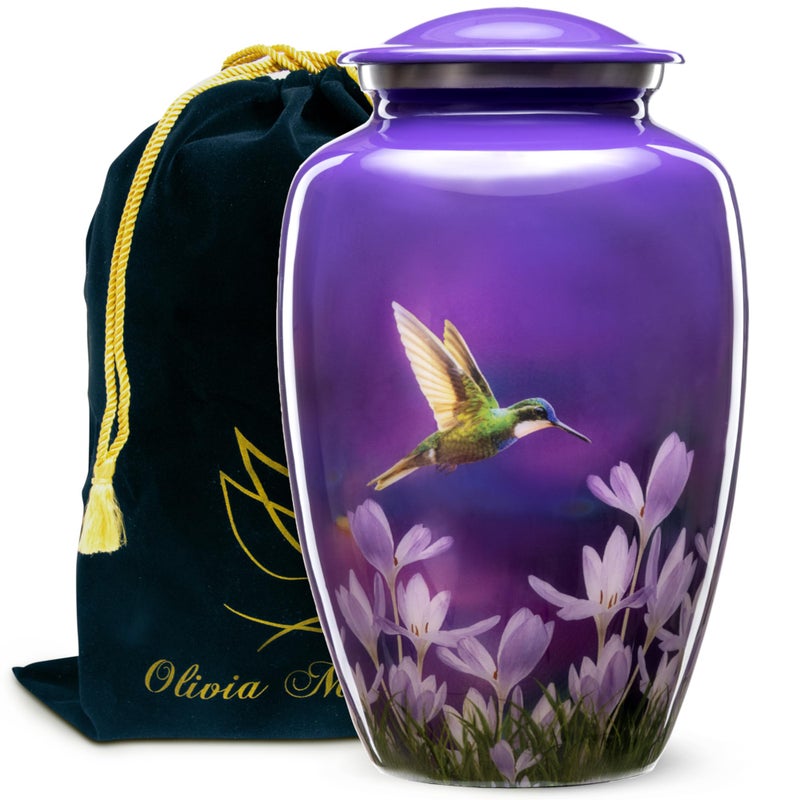 Olivia Memorials Urn for Ashes Women Men Adult  Hummingbird Urn for Female Male  Free Pendant Necklace  Human Funeral Decorative Purple Urn for Mom Dad Pet Dog